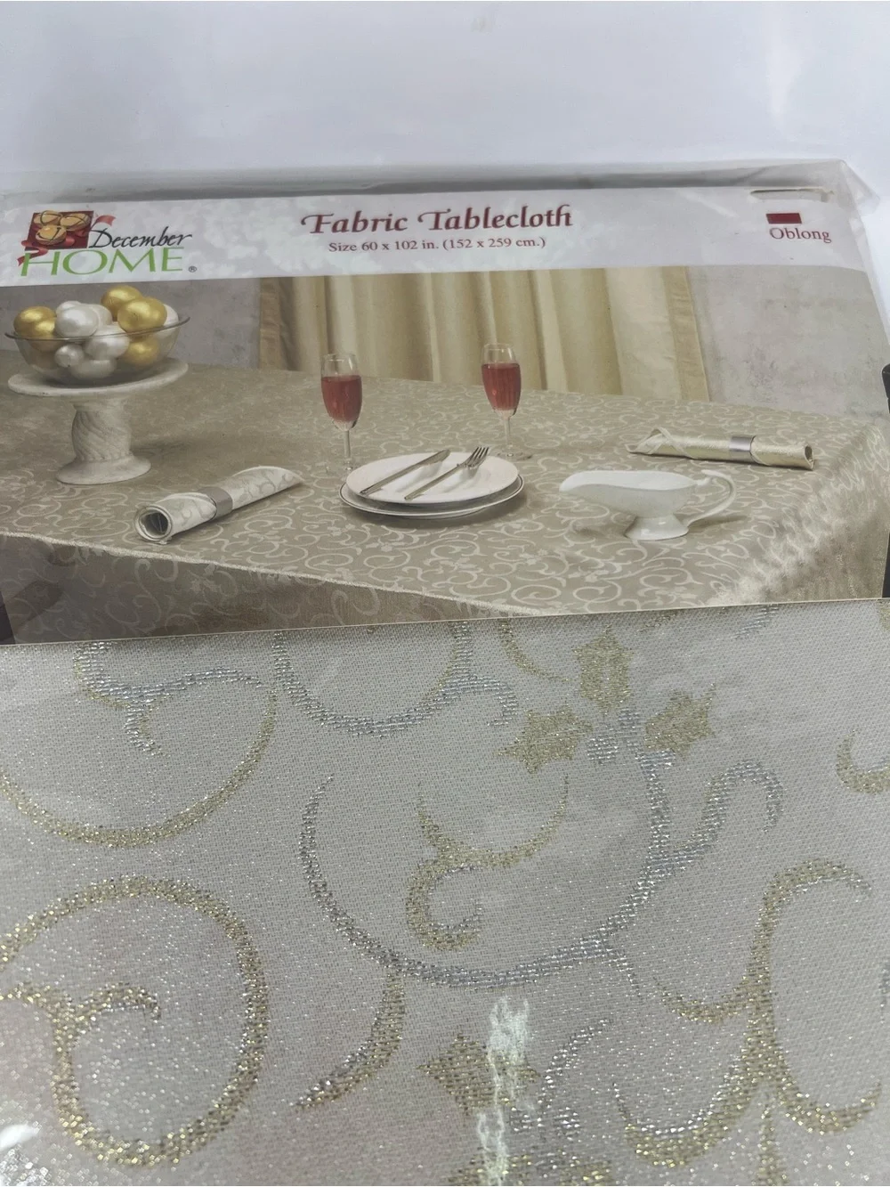 December Home Fabric Tablecloth Oblong 60x102 NOS Ivory Gold Silver Scroll